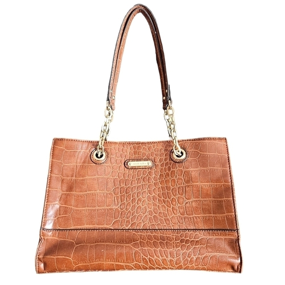 Anne Klein Faux Crocodile Brown Purse Handbag Chain Giraffe Block Safari Lining - Picture 1 of 12